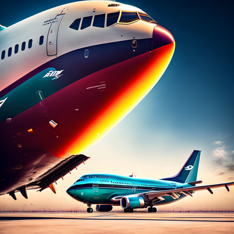 Two Airplanes Against Sunset Sky with Warm Color Gradient