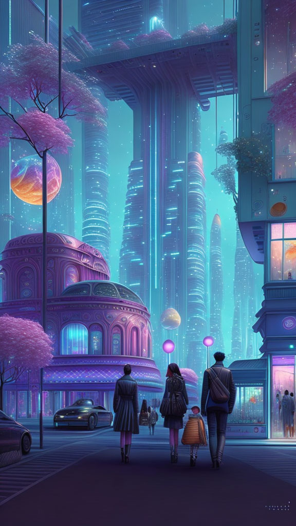 Family observing glowing skyscrapers in futuristic cityscape