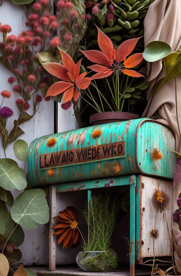 Rustic Green Mailbox with Plants and Flowers on White Wooden Background