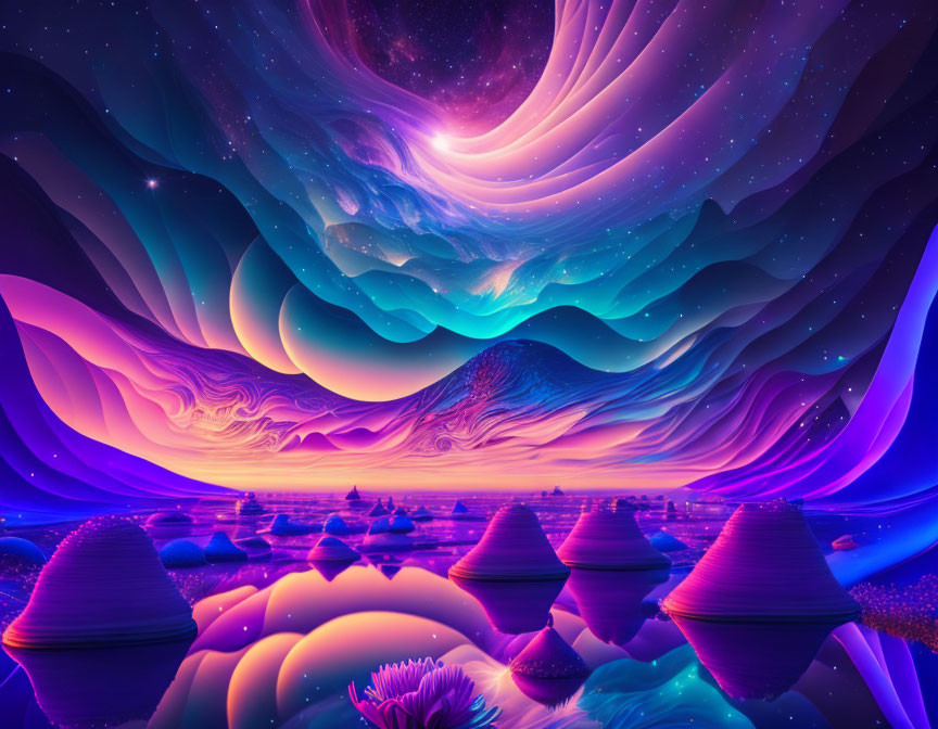 Surreal digital artwork: vibrant landscape with purple skies, neon waves, mountains, and lotus