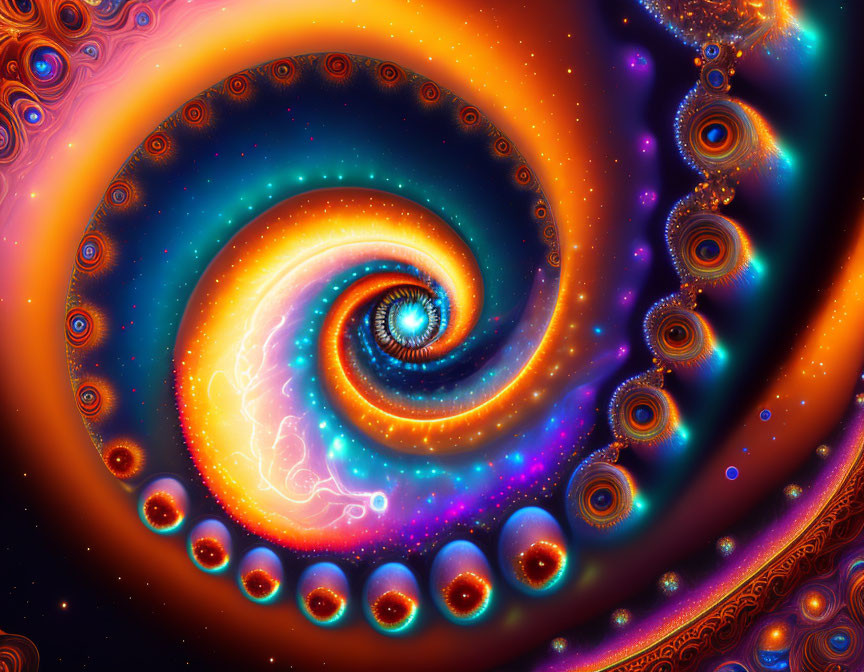 Colorful Fractal Art: Swirling Spiral Pattern in Blues and Oranges