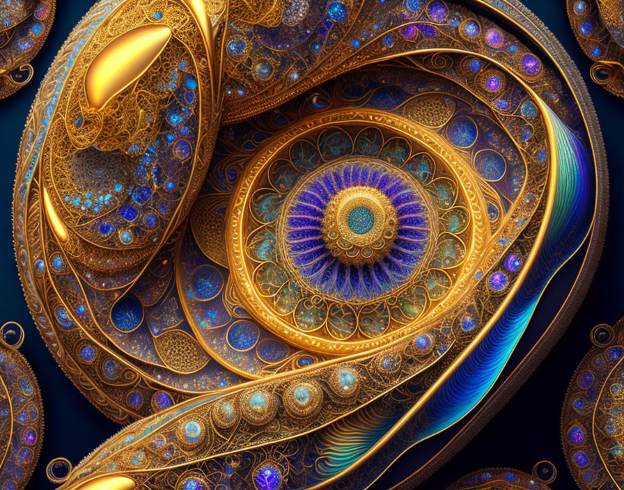 Intricate Gold and Blue Fractal Patterns: Ornate Jewelry or Fantastical Marine Creature