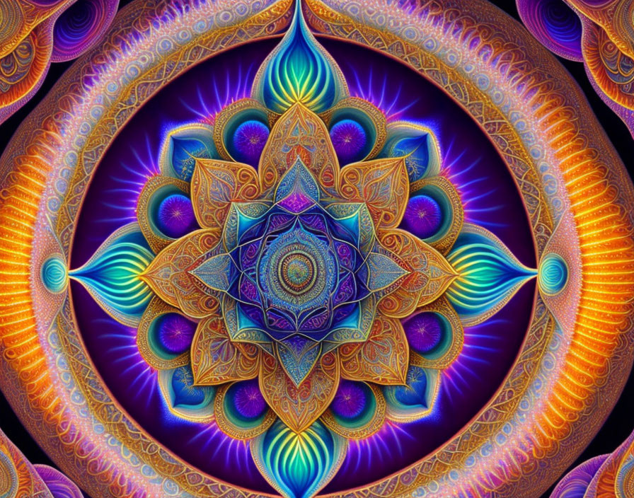 Colorful fractal art with central lotus pattern in blue and purple, surrounded by golden swirls