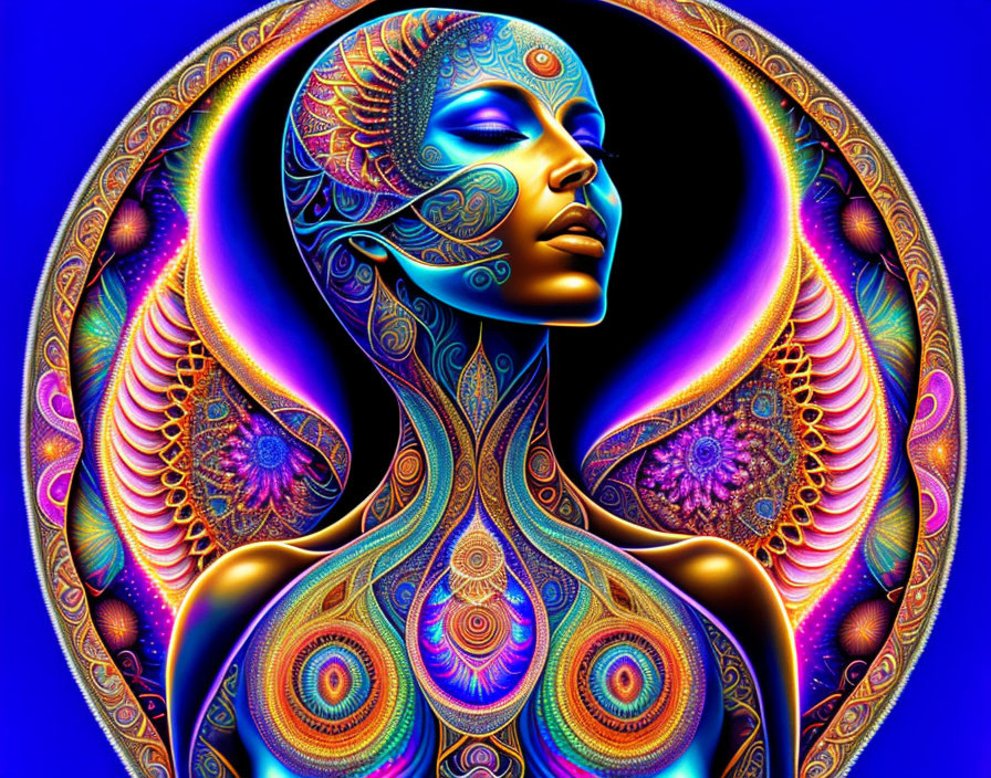 Colorful digital artwork of stylized woman with psychedelic patterns on blue background