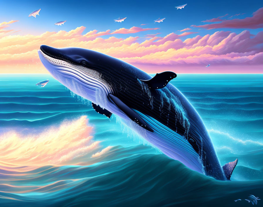 Whale breaching ocean at sunset with colorful sky and flying birds