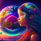 Surrealist artwork: Girl's profile with lush hair in cosmic landscape