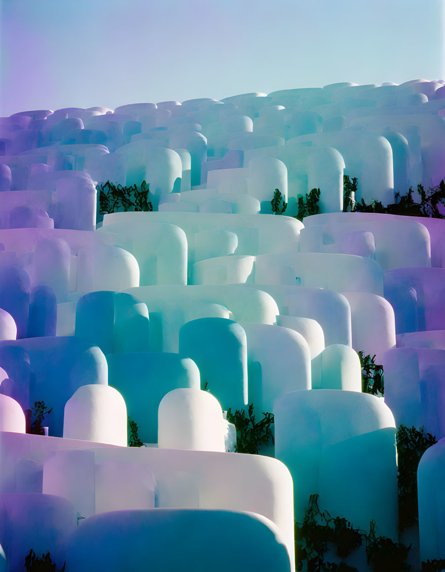 Surreal Landscape with Blue and Purple Ice-like Formations