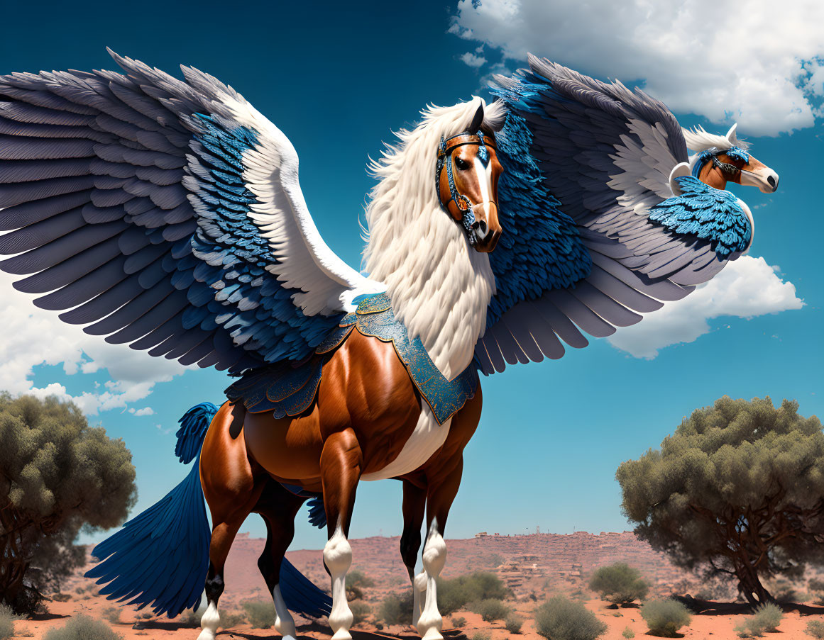 Majestic Pegasus with Blue Wings in Desert Landscape