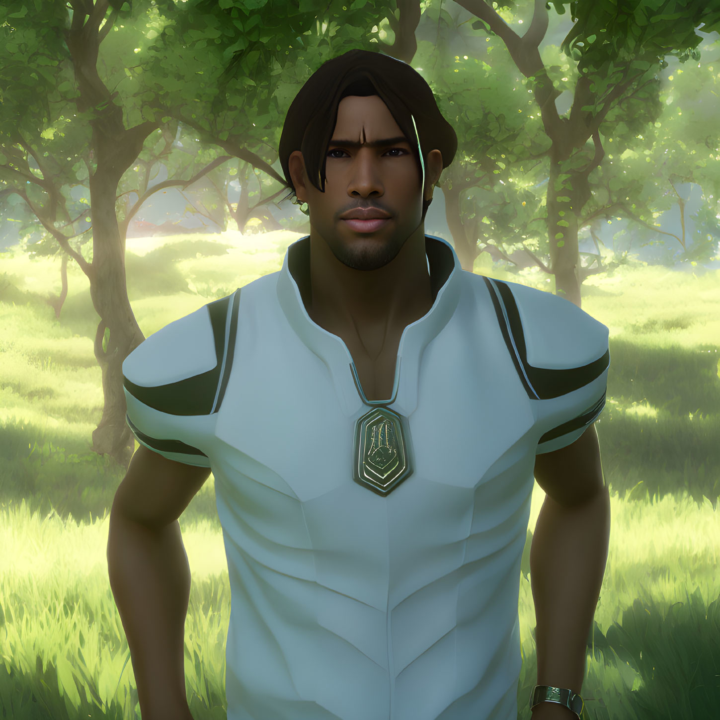 Man with Short Hair and Beard in Futuristic White Vest against Green Forest