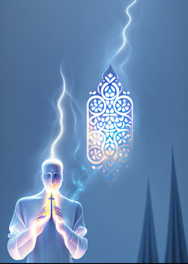 Bald Figure Meditating with Glowing Hands and Symbol on Blue Background