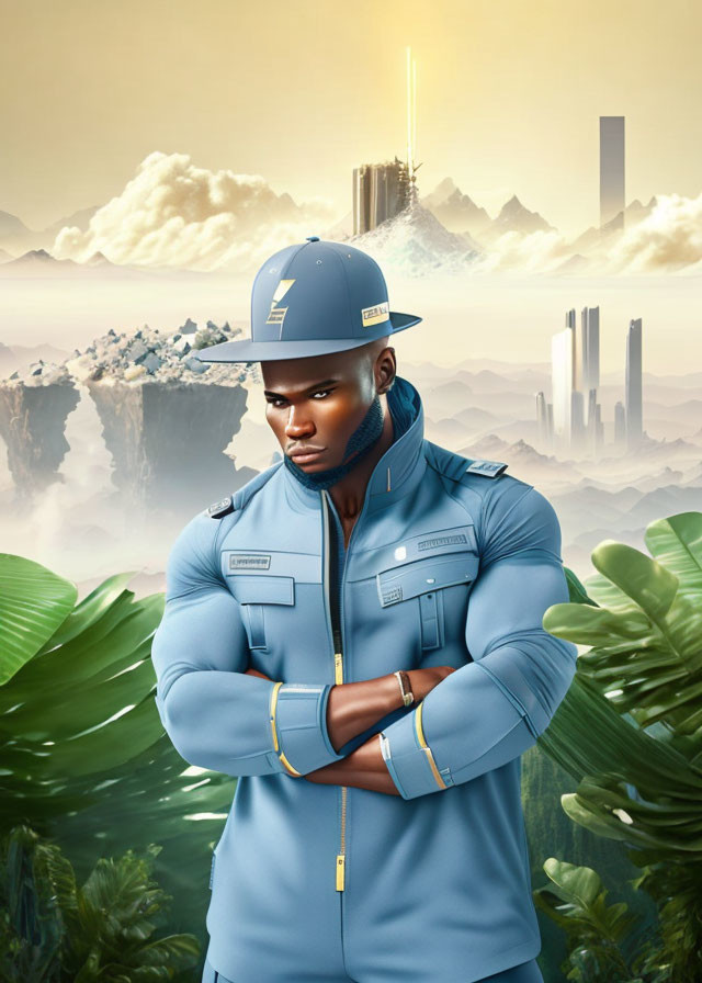 Confident man in blue futuristic uniform in surreal landscape