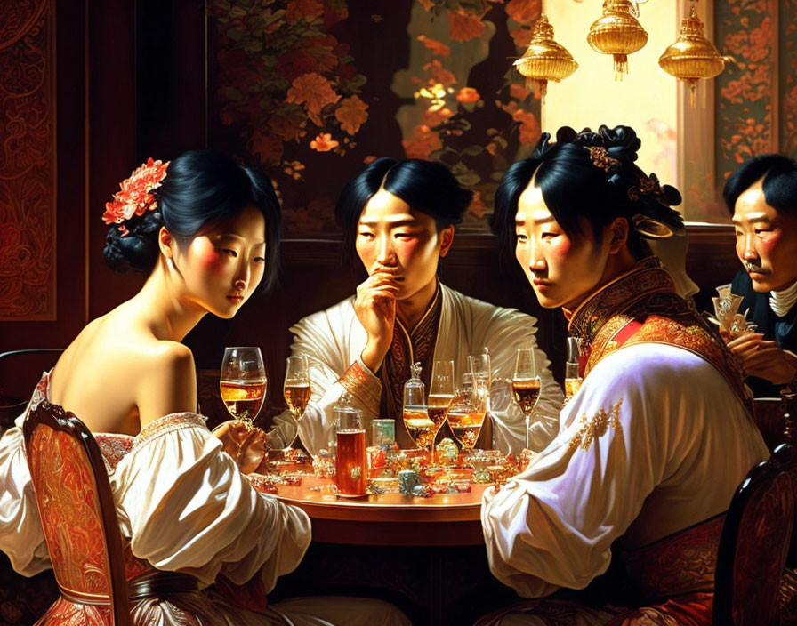 Four individuals in traditional Asian attire at ornate table with goblets in richly decorated room