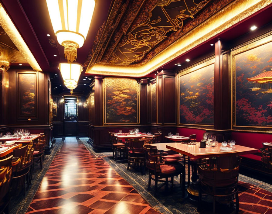 Luxurious Dining Room with Red and Gold Decor and Asian-Inspired Wall Art