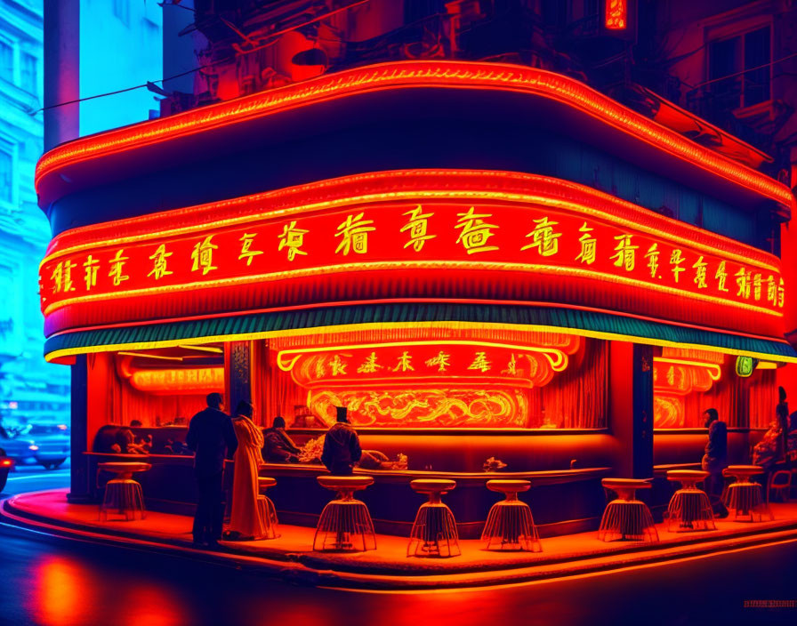 Neon-lit street corner with red Chinese signage and retro-futuristic vibe