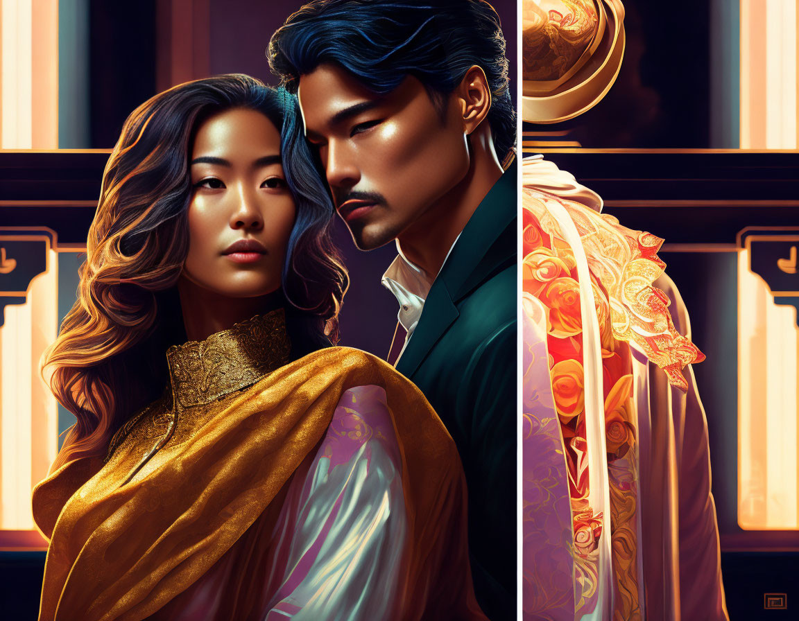 Luxurious Traditional Asian Attire Illustration with Rich Colors