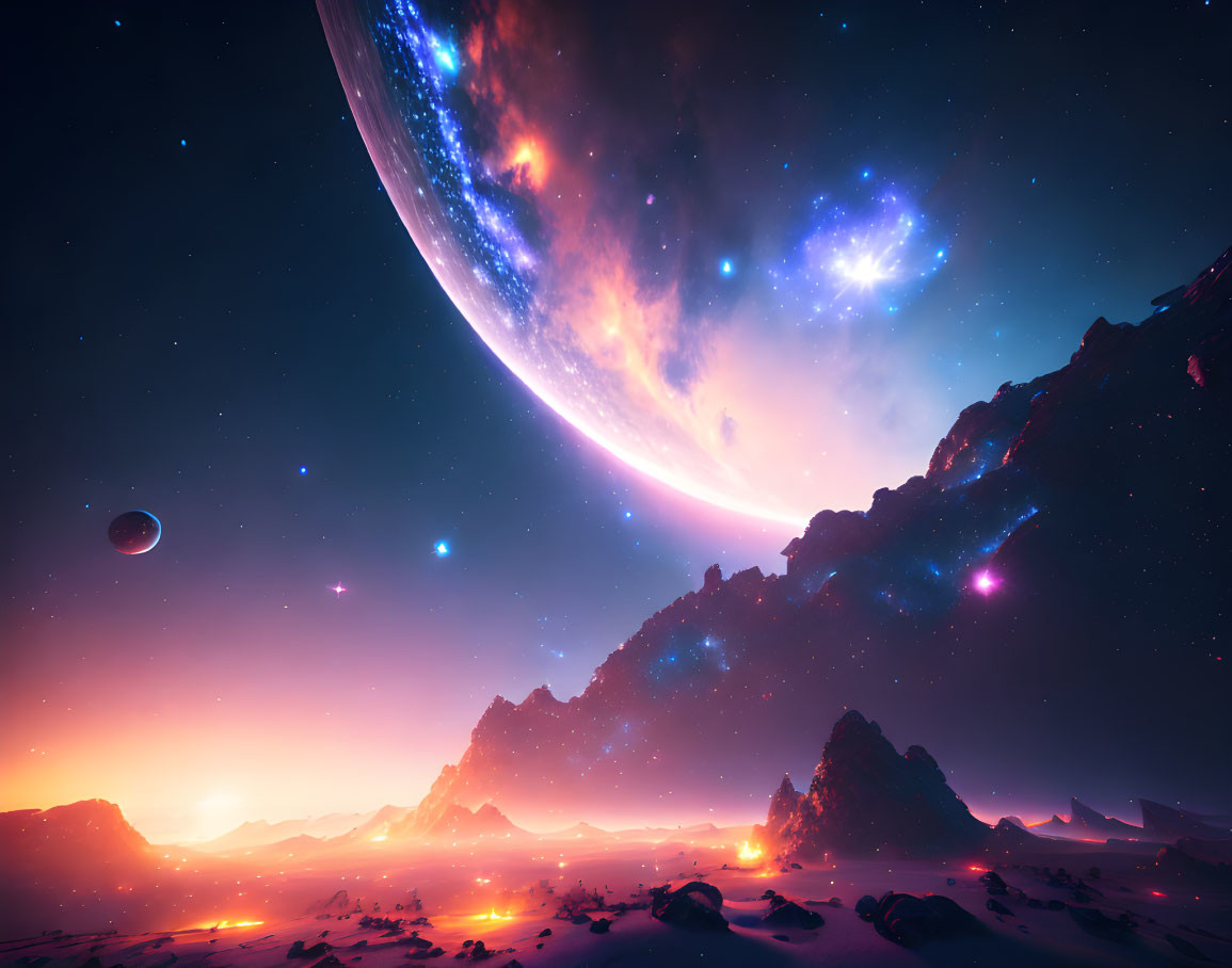 Sci-fi landscape with celestial body, starry sky, nebula, and planets.