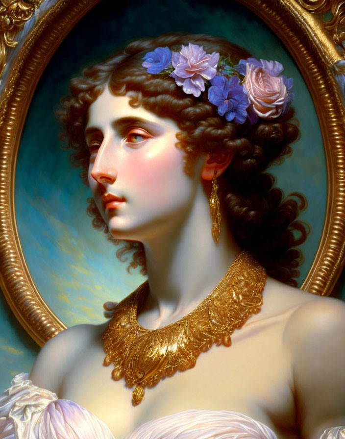 Portrait of a Woman with Flowers and Gold Jewelry in Framed Artwork