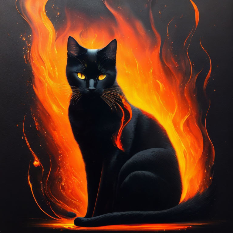 Black Cat with Yellow Eyes Against Fiery Background