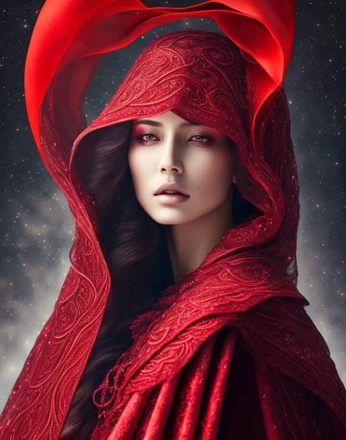 Fair-skinned woman in red hooded cloak under starry sky