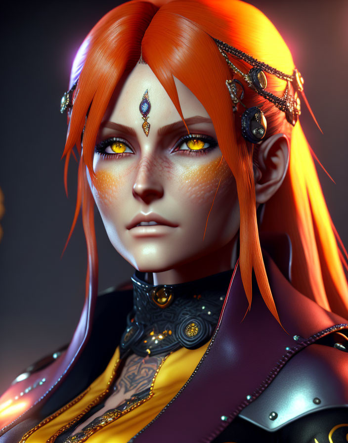 Character with fiery orange hair, golden eyes, intricate facial markings, adorned with head jewelry and ornate