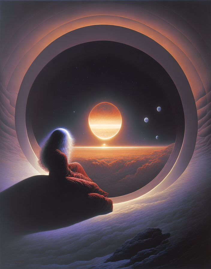 Surreal artwork: Figure gazes at setting sun through circular portal