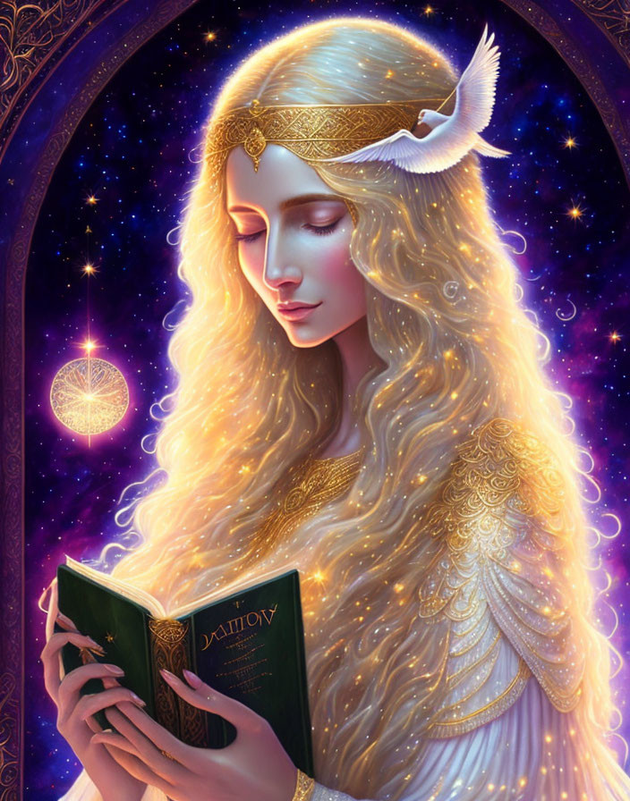 Golden-haired woman with tiara reading book with bird on head in mystical setting