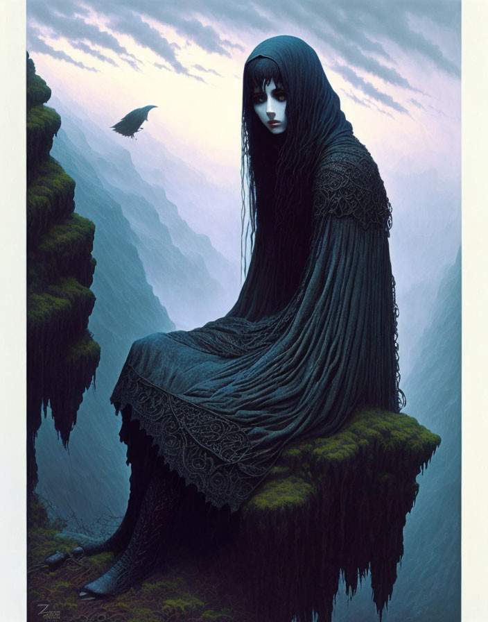 Cloaked figure with black hair on mossy cliff edge at twilight