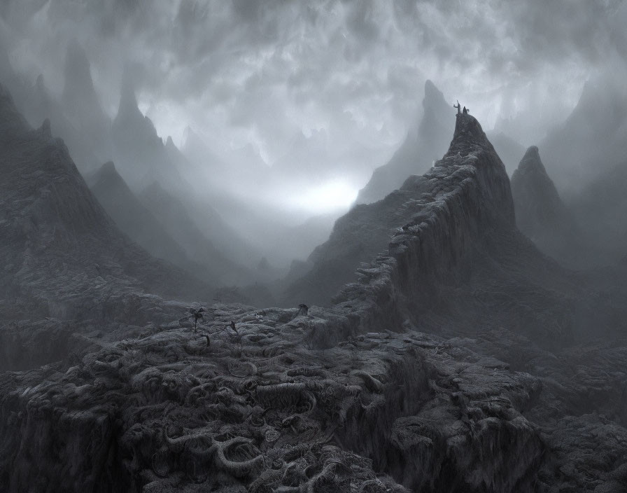 Eerie monochromatic landscape with jagged peaks and textured foreground