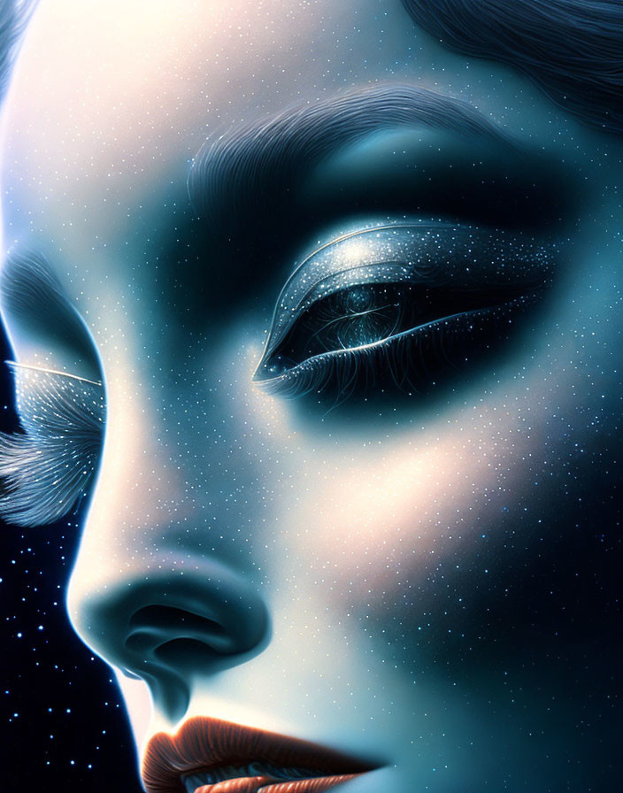 Cosmic-themed digital portrait of a woman with detailed eye makeup