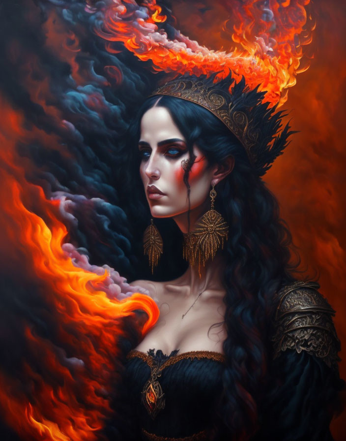 Dark-haired woman in intricate headgear engulfed in mystical flames and adorned with ornate jewelry.