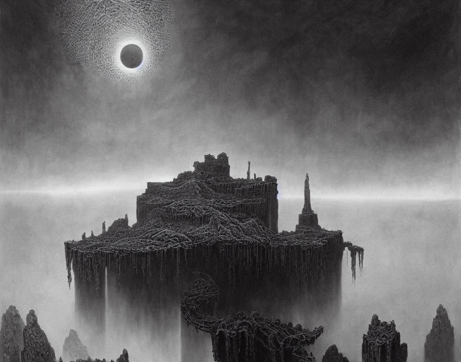 Monochromatic fantastical landscape with eclipse over intricate, maze-like city on floating island