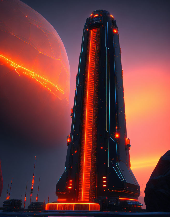 Futuristic skyscraper with neon lights and glowing sphere in ominous sky