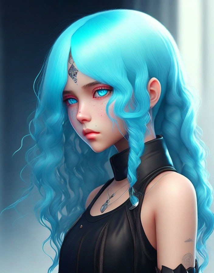 Vibrant blue hair, red eyes, facial tattoos, black choker, sleeveless top.