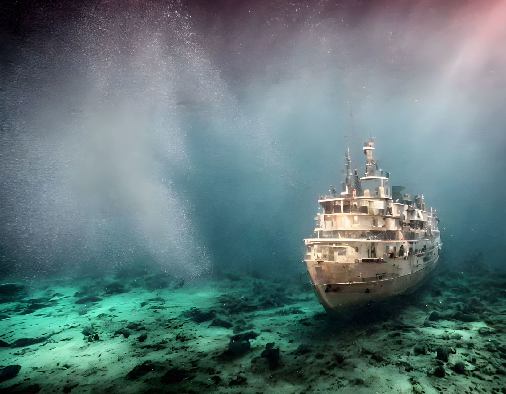 Sunken ship on ocean floor with sunbeams and particles