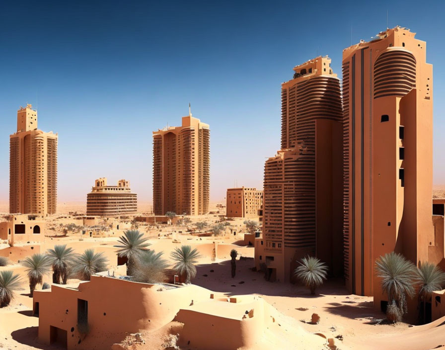 Desert cityscape with modern high-rises and traditional mud-brick structures