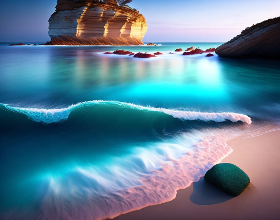 Tranquil beach scene at twilight with smooth wave, stone, and rock formations