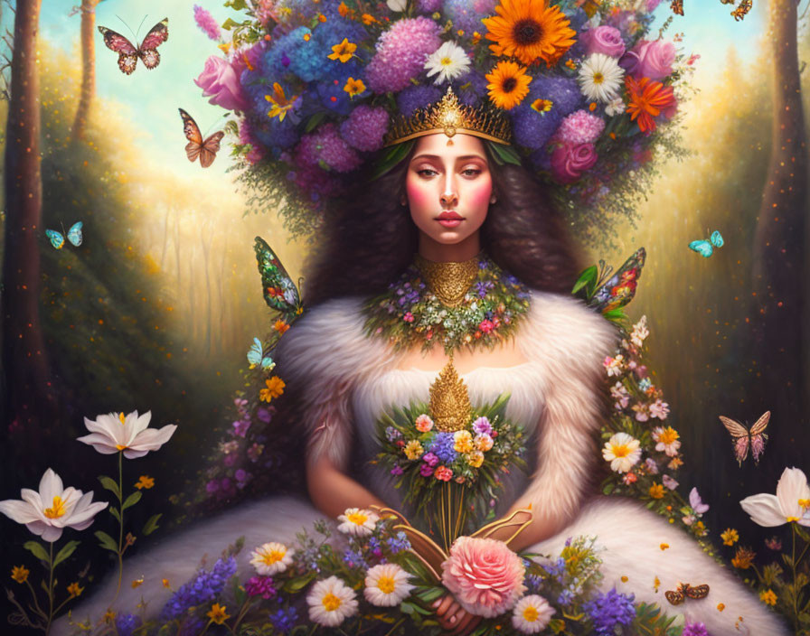 Regal woman with golden crown in mystical forest surrounded by flowers and butterflies