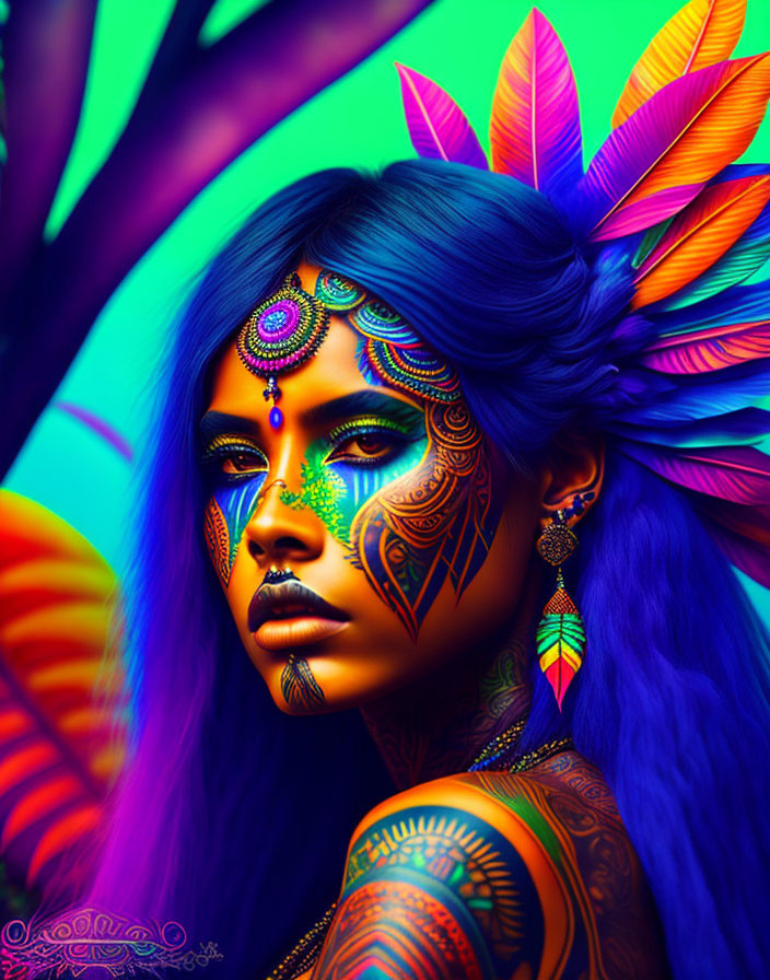 Colorful Woman Portrait with Blue Hair and Feather Accessories on Psychedelic Background