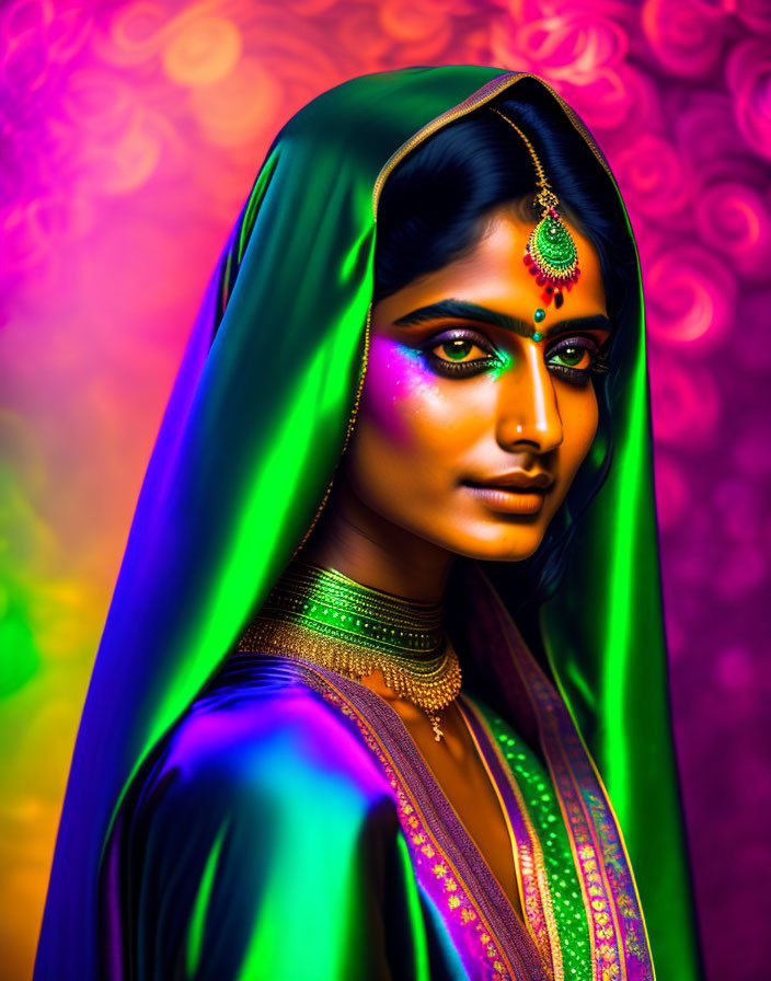 Traditional Attire Woman with Intricate Jewelry on Colorful Background