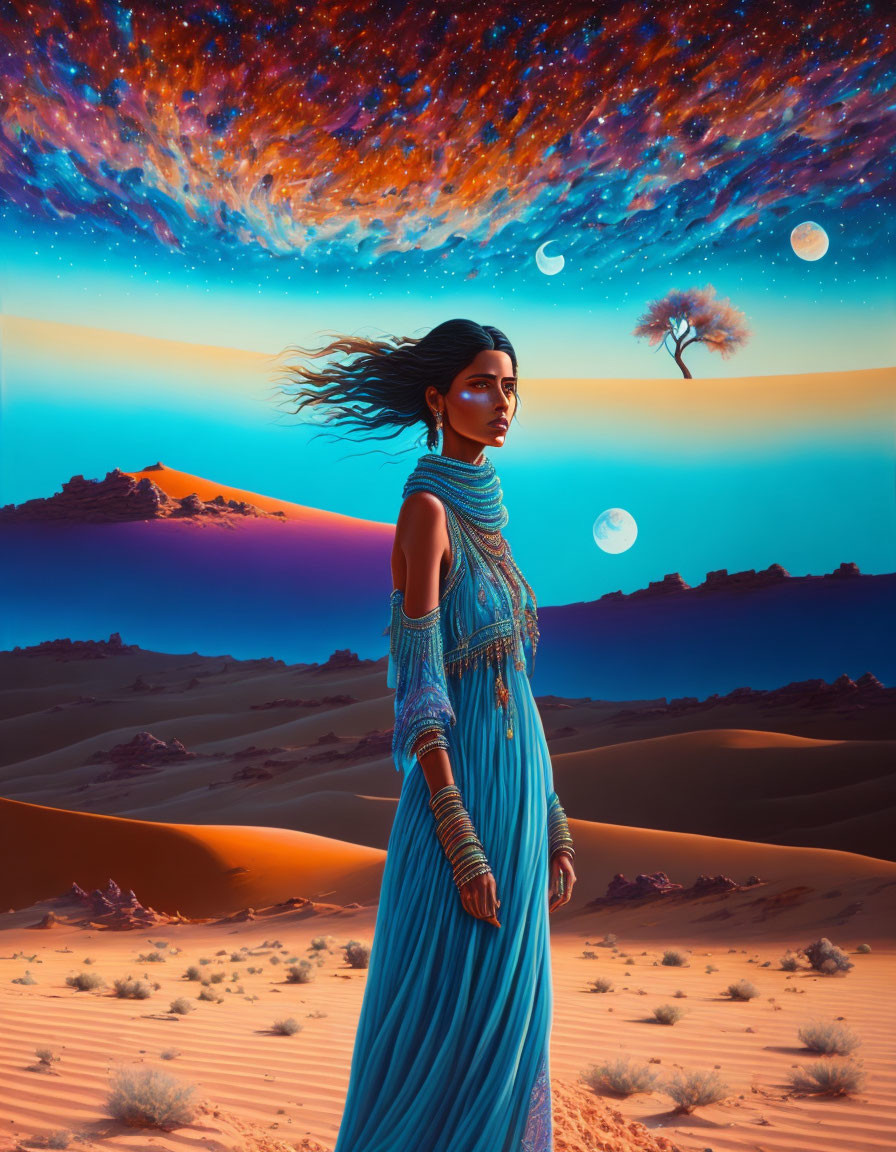 Woman in Blue Dress Standing in Surreal Desert Landscape