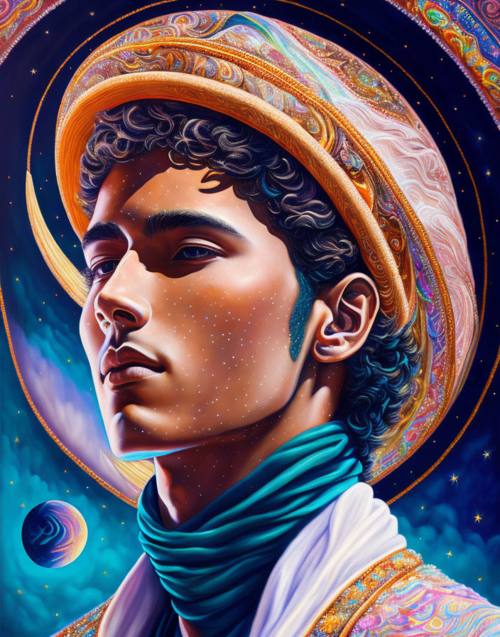 Colorful digital portrait with cosmic-themed attire and Saturn hat.