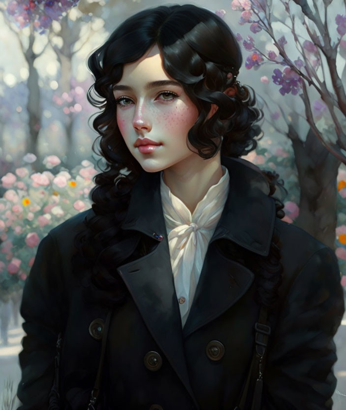 Portrait of woman with curly black hair in black coat and white blouse, set against blossoming garden.