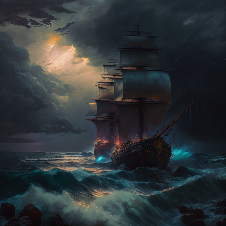 Sailing ship in stormy ocean under haunting sky