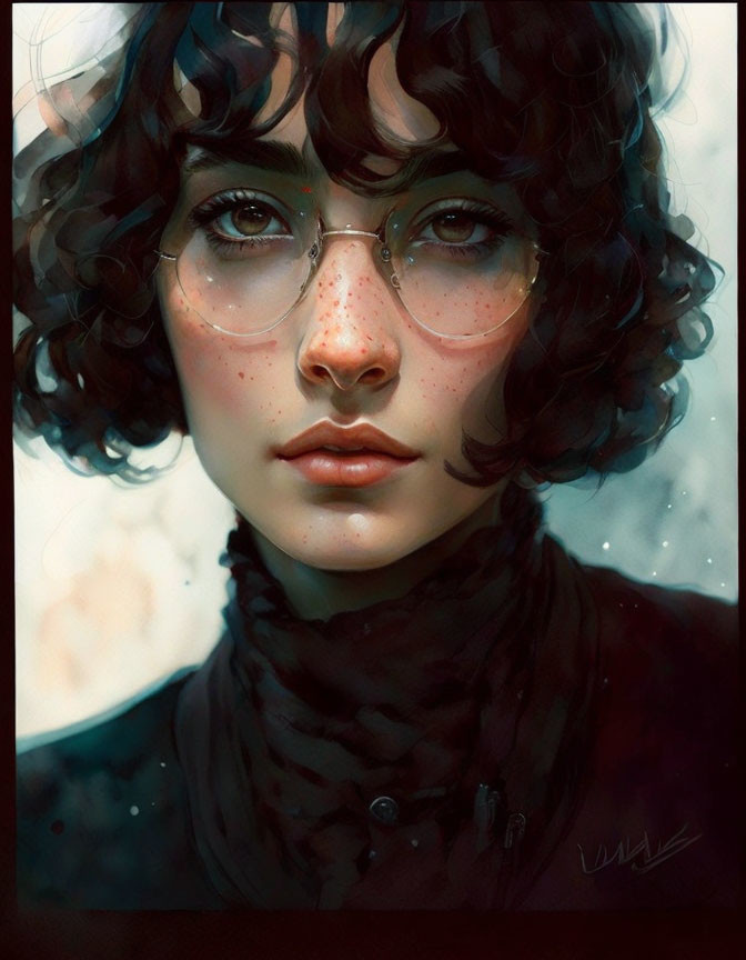 Portrait of person with curly dark hair, round glasses, freckles, and direct gaze