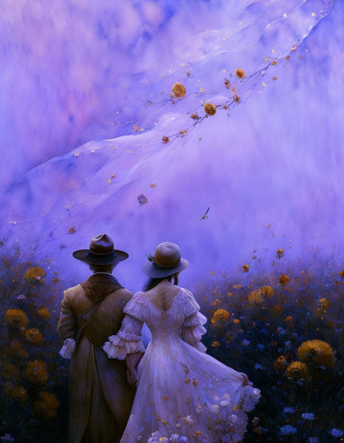 Vintage Couple in Purple Field with Floating Floral Fabric