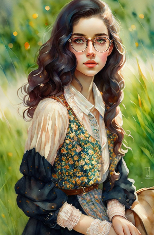 Digital illustration of woman with wavy hair and glasses in floral vest and lacy blouse against vibrant green