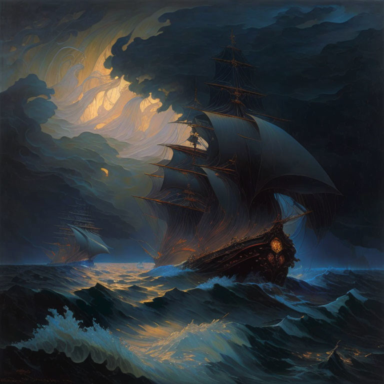 Dark seascape painting of ship in stormy night