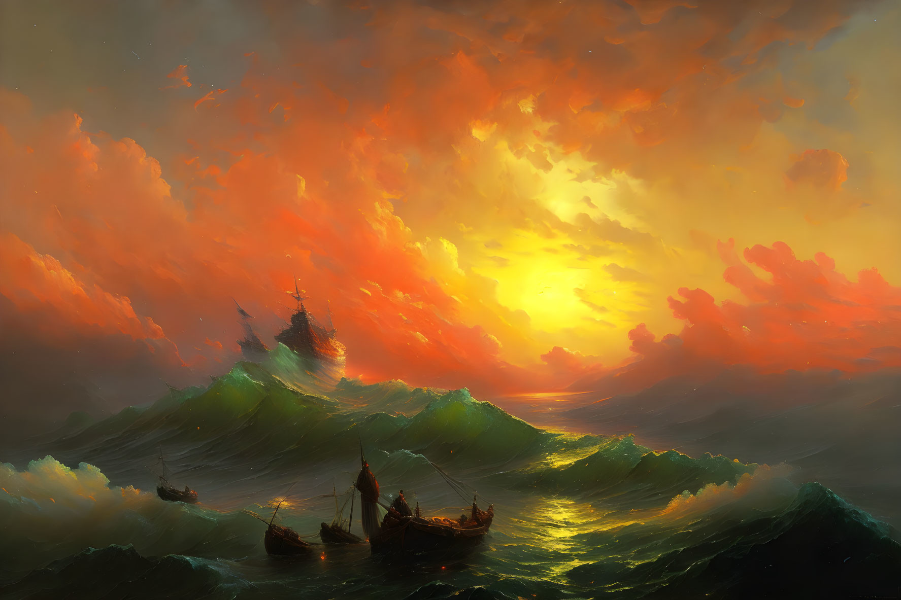 Tumultuous Sea Painting with Fiery Sunset Sky