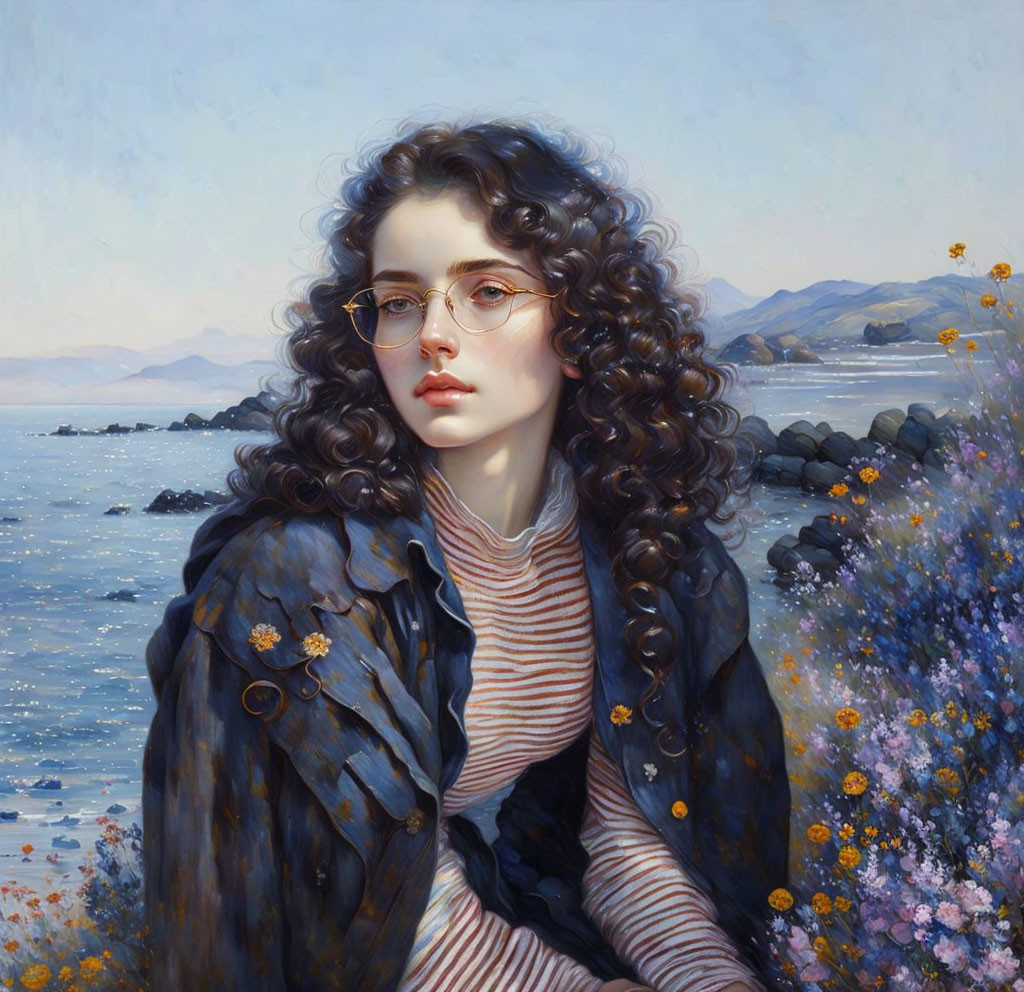 Curly-haired woman in glasses with striped top and jacket by coastal scene