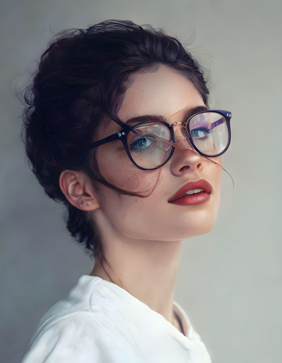 Woman portrait with curly updo, large glasses, looking upwards, subtle makeup.